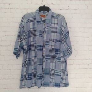 Paragraff Shirt Mens XL Blue Plaid Madras Patchwork Short Sleeve Button Up Vtg